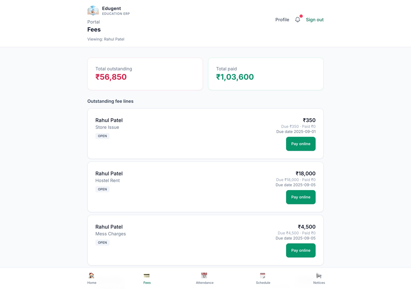 Edugent parent portal fees screen showing total outstanding, total paid and fee lines with a pay online button